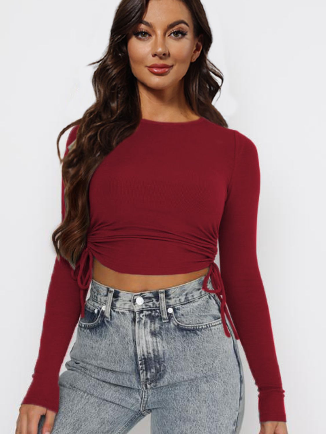 Drawstring Round Neck Long Sleeve Top - Red / S - T-Shirts - Shirts & Tops - 13 - 2024