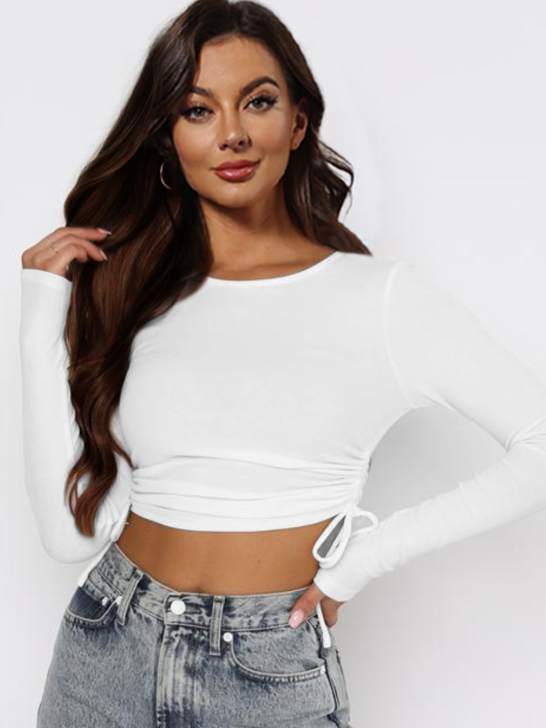 Drawstring Round Neck Long Sleeve Top - White / S - T-Shirts - Shirts & Tops - 7 - 2024