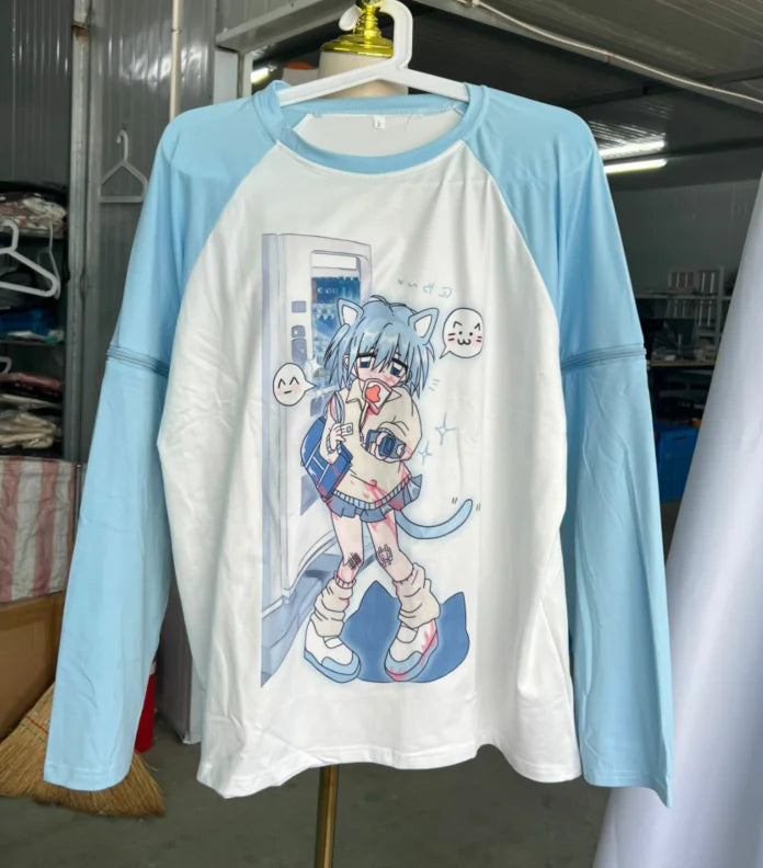 Dreamy Detachable Sleeve Tee – Kawaii Cat & Anime Harajuku Style Top - Light Blue / S - T-Shirts - Clothing Tops - 8
