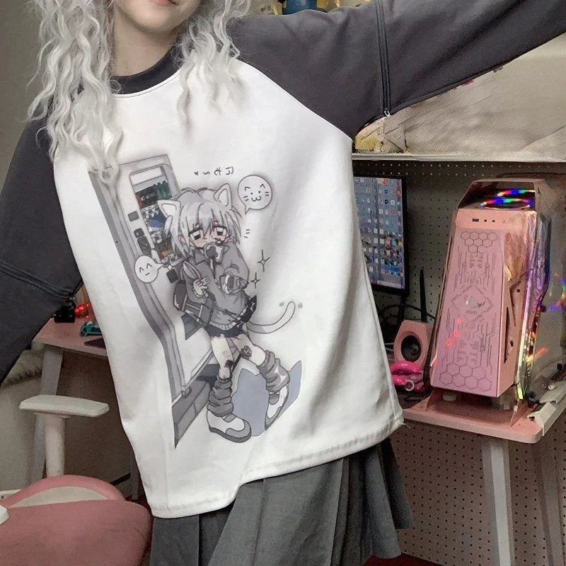 Dreamy Detachable Sleeve Tee – Kawaii Cat & Anime Harajuku Style Top - Dark Gray / S - T-Shirts - Clothing Tops - 7