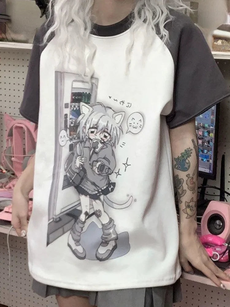 Dreamy Detachable Sleeve Tee – Kawaii Cat & Anime Harajuku Style Top - T-Shirts - Clothing Tops - 3 - 2024