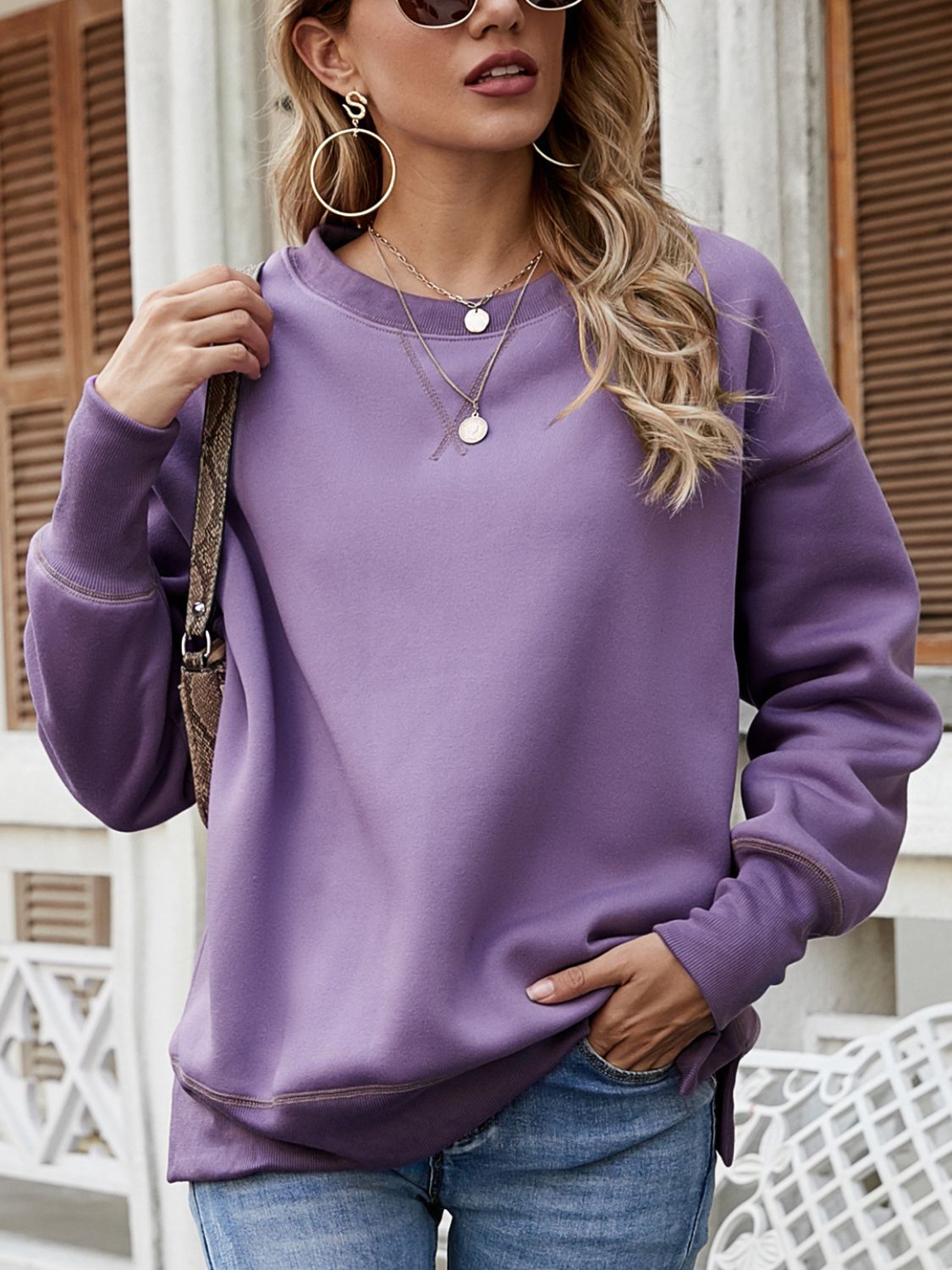 Dropped Shoulder Slit Sweatshirt - Purple / S - T-Shirts - Shirts & Tops - 1 - 2024