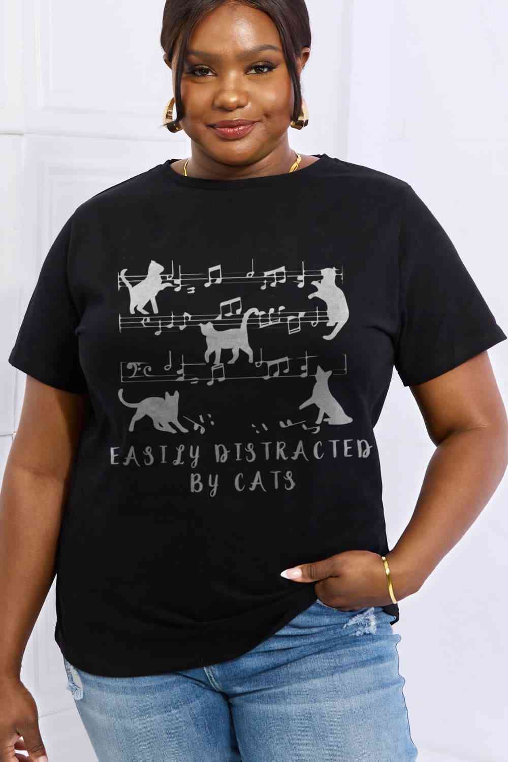 EASILY DISTRACTED BY CATS Graphic Cotton Tee - Black / S - T-Shirts - Shirts & Tops - 7 - 2024