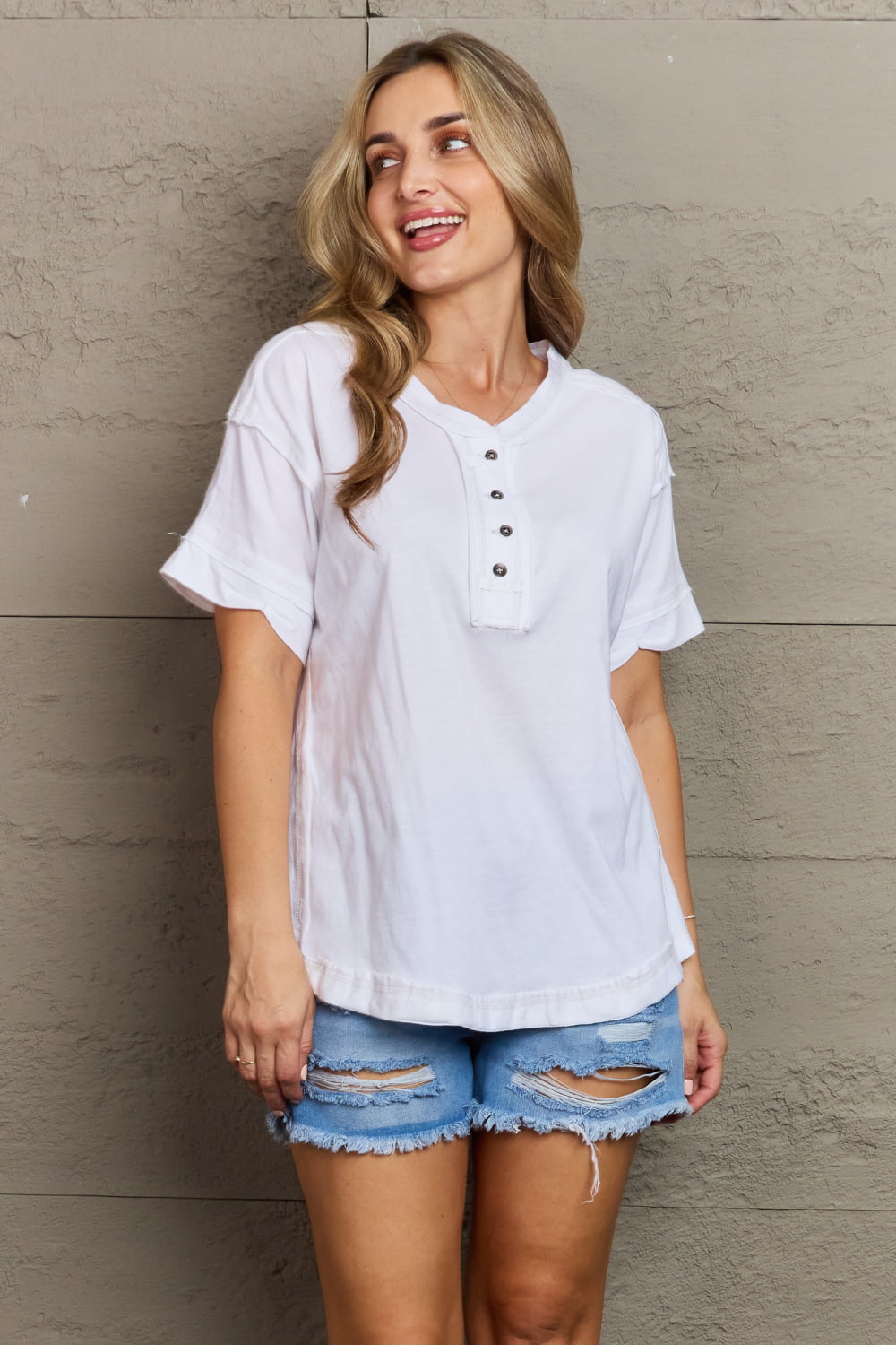 Easy Thinking Raw Edge Button Detail Top - T-Shirts - Shirts & Tops - 3 - 2024