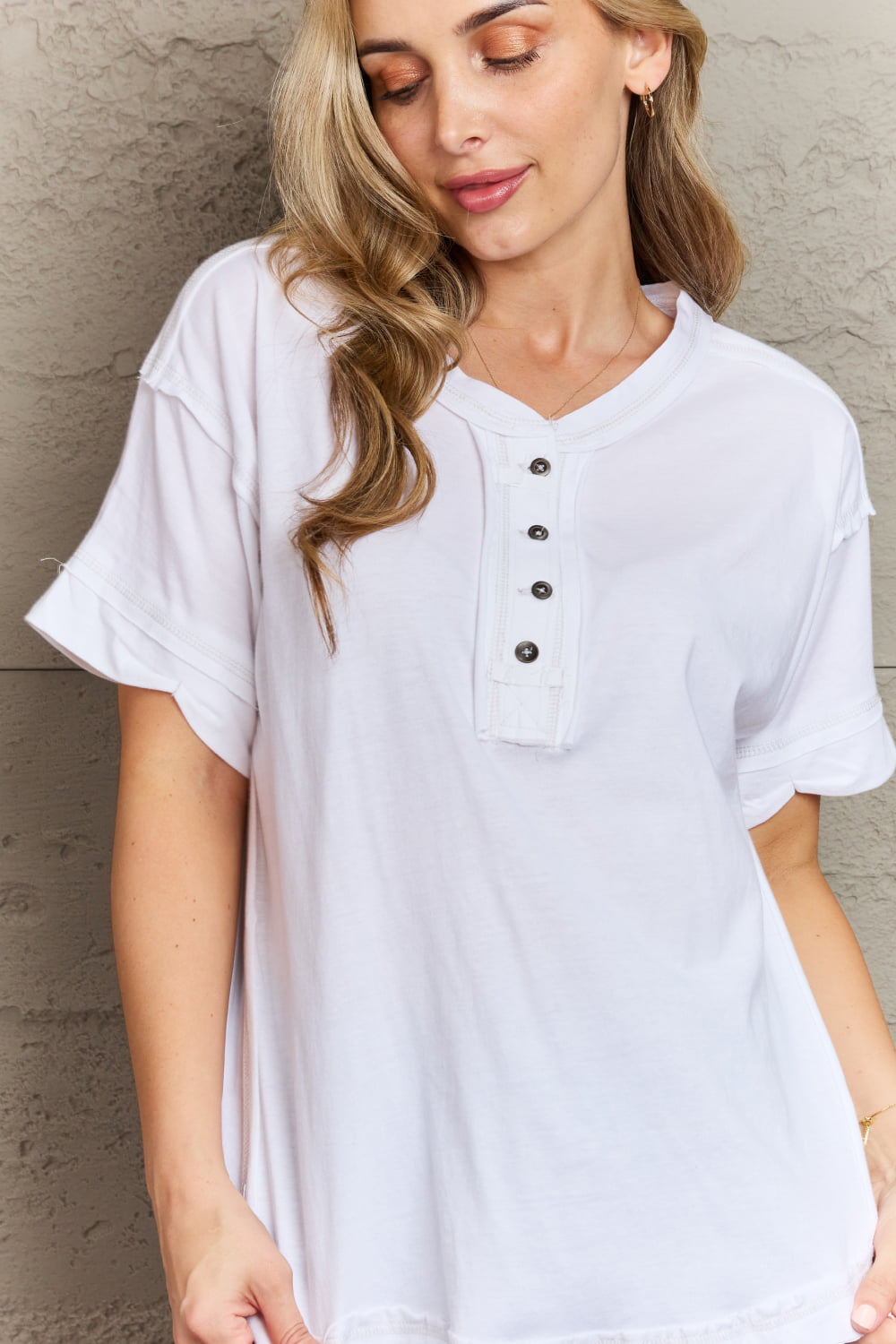 Easy Thinking Raw Edge Button Detail Top - T-Shirts - Shirts & Tops - 5 - 2024