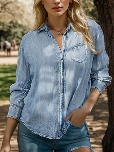 Embroidered Pocketed Button Up Denim Shirt - T-Shirts - Shirts & Tops - 2 - 2024