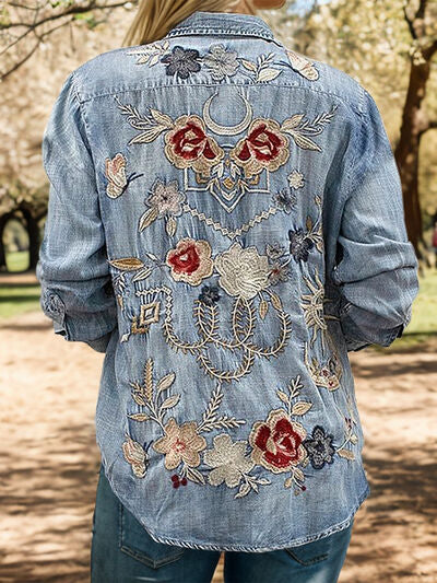 Embroidered Pocketed Button Up Denim Shirt - Light / S - T-Shirts - Shirts & Tops - 1 - 2024