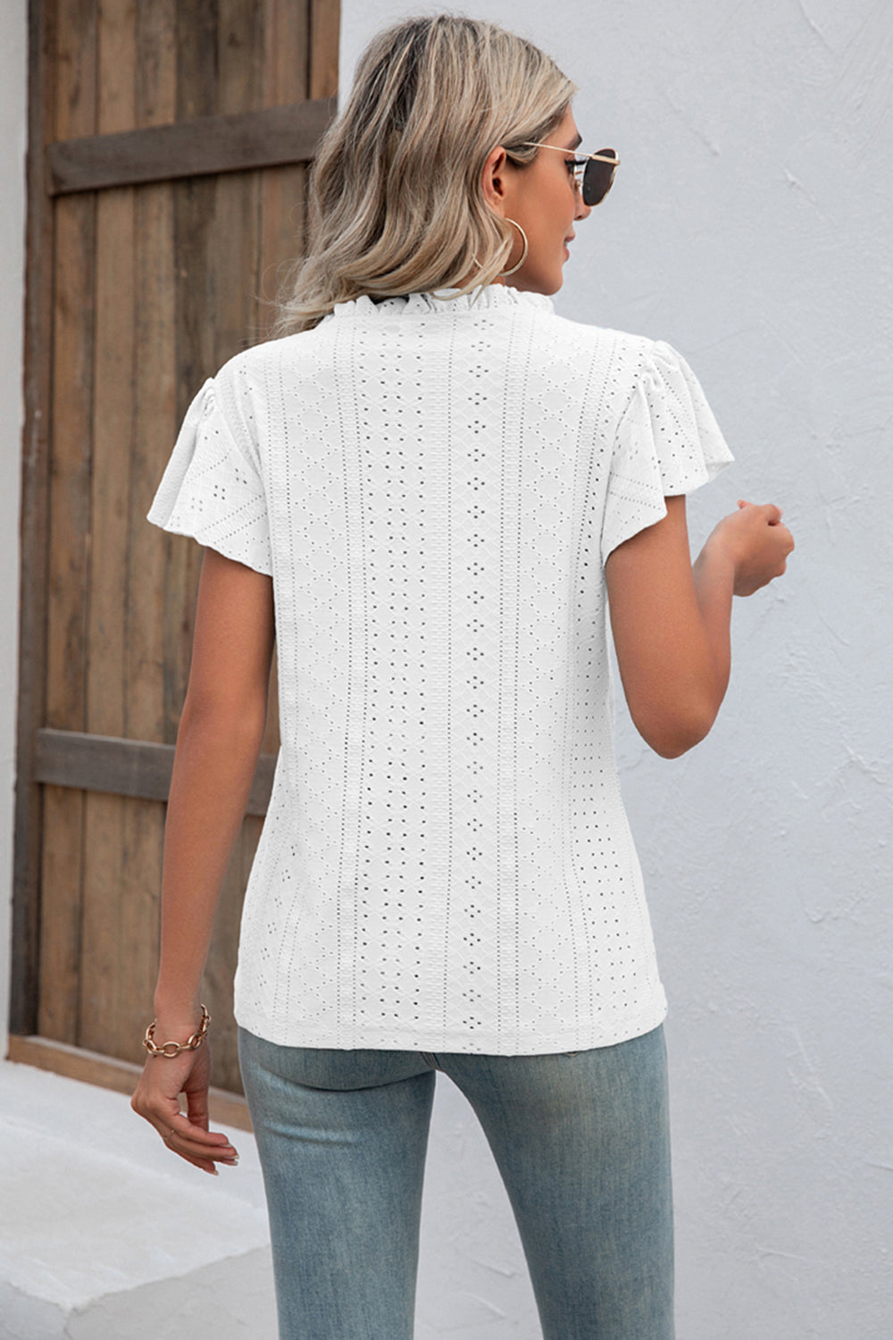 Eyelet Notched Neck Flutter Sleeve Top - T-Shirts - Shirts & Tops - 6 - 2024