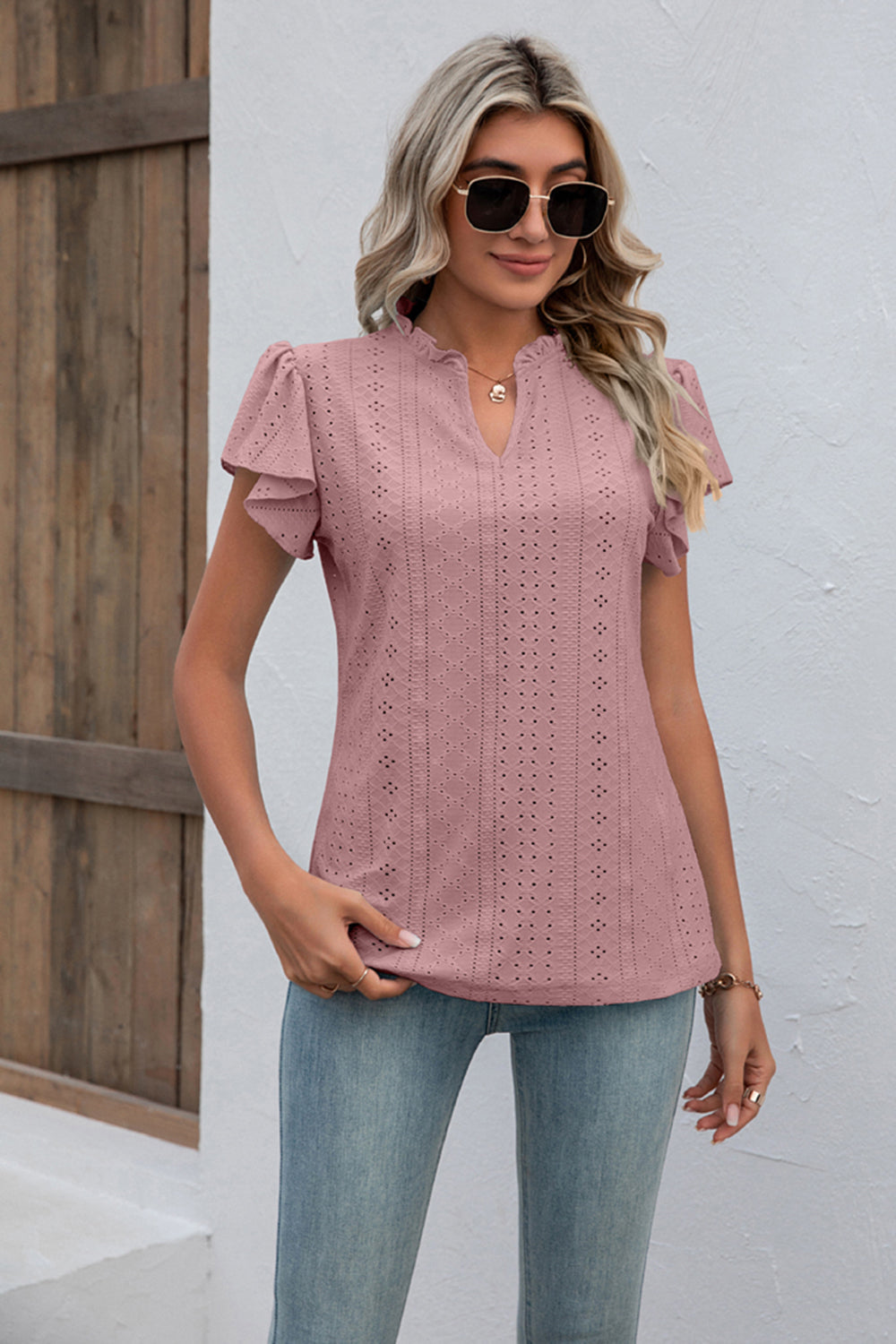 Eyelet Notched Neck Flutter Sleeve Top - Pink / S - T-Shirts - Shirts & Tops - 14 - 2024
