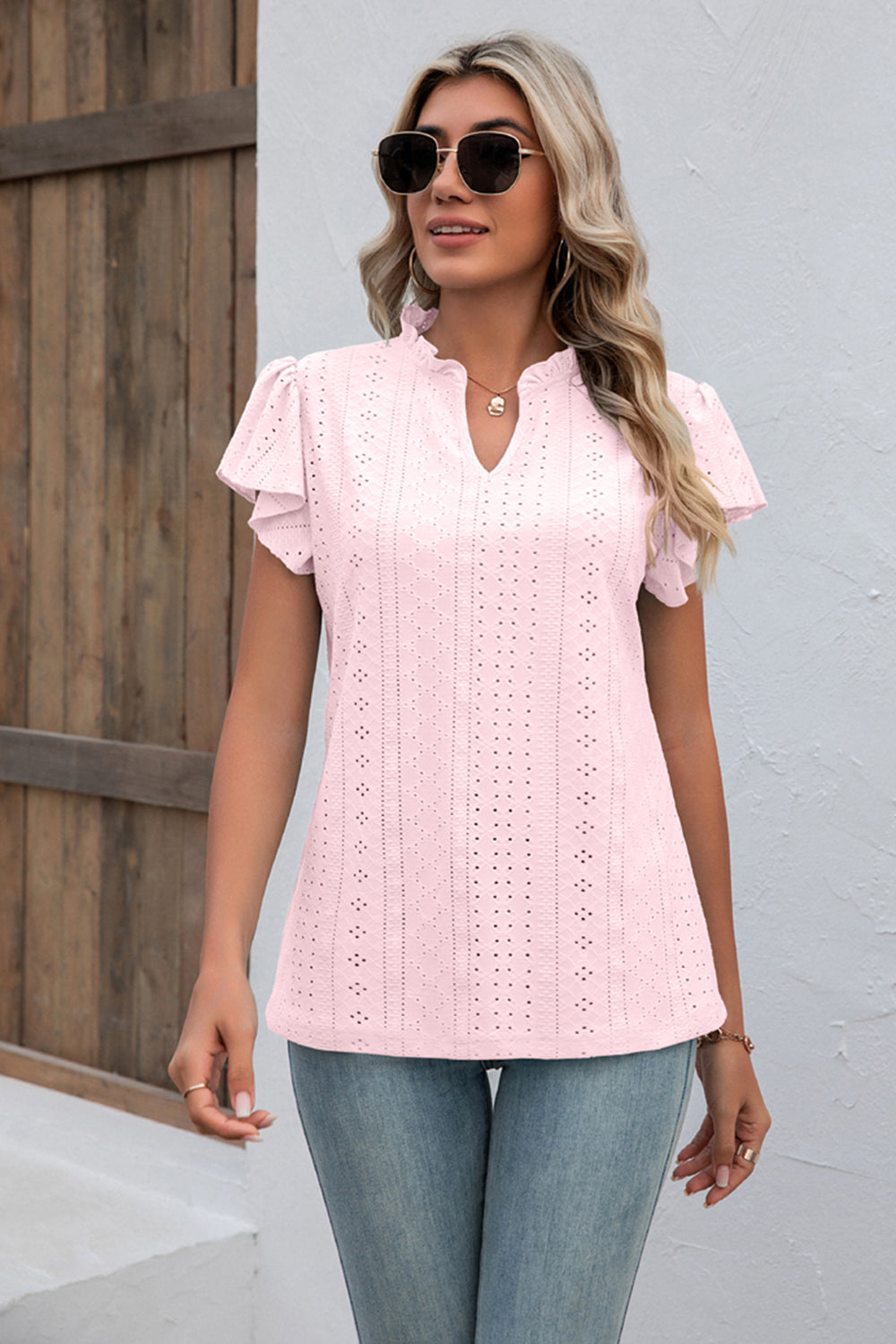 Eyelet Notched Neck Flutter Sleeve Top - T-Shirts - Shirts & Tops - 8 - 2024