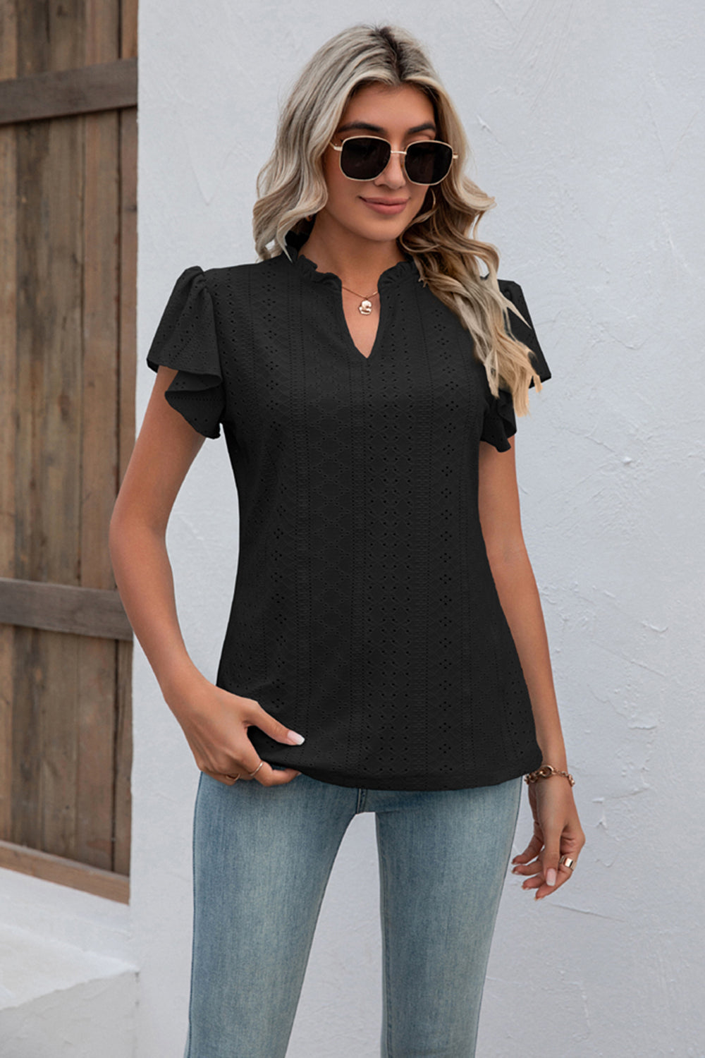 Eyelet Notched Neck Flutter Sleeve Top - Black / S - T-Shirts - Shirts & Tops - 11 - 2024