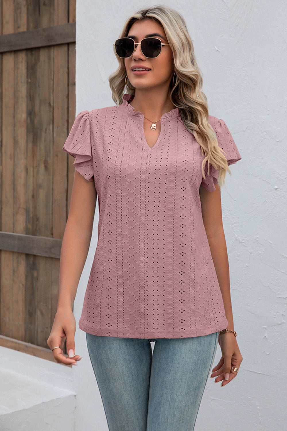 Eyelet Notched Neck Flutter Sleeve Top - T-Shirts - Shirts & Tops - 16 - 2024