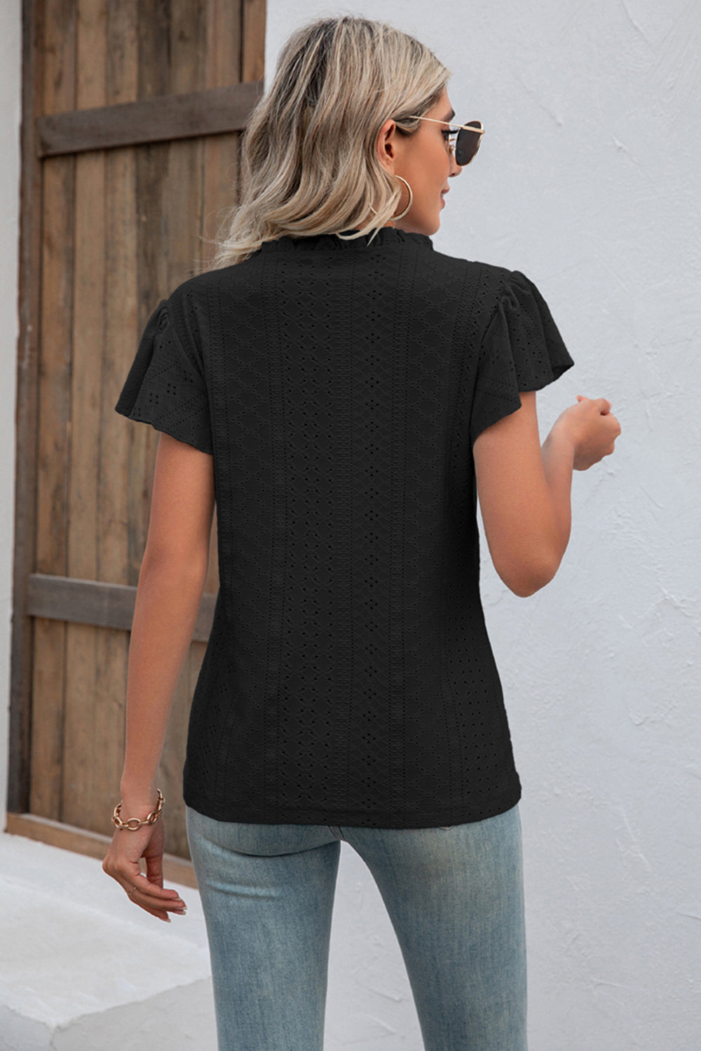 Eyelet Notched Neck Flutter Sleeve Top - T-Shirts - Shirts & Tops - 13 - 2024