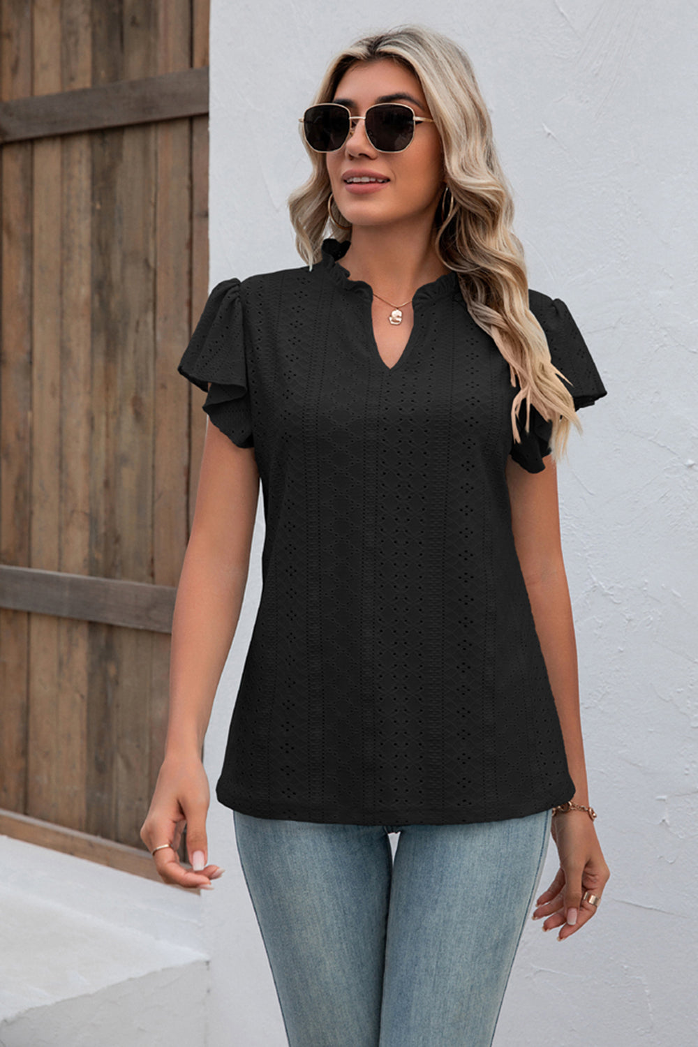 Eyelet Notched Neck Flutter Sleeve Top - T-Shirts - Shirts & Tops - 12 - 2024