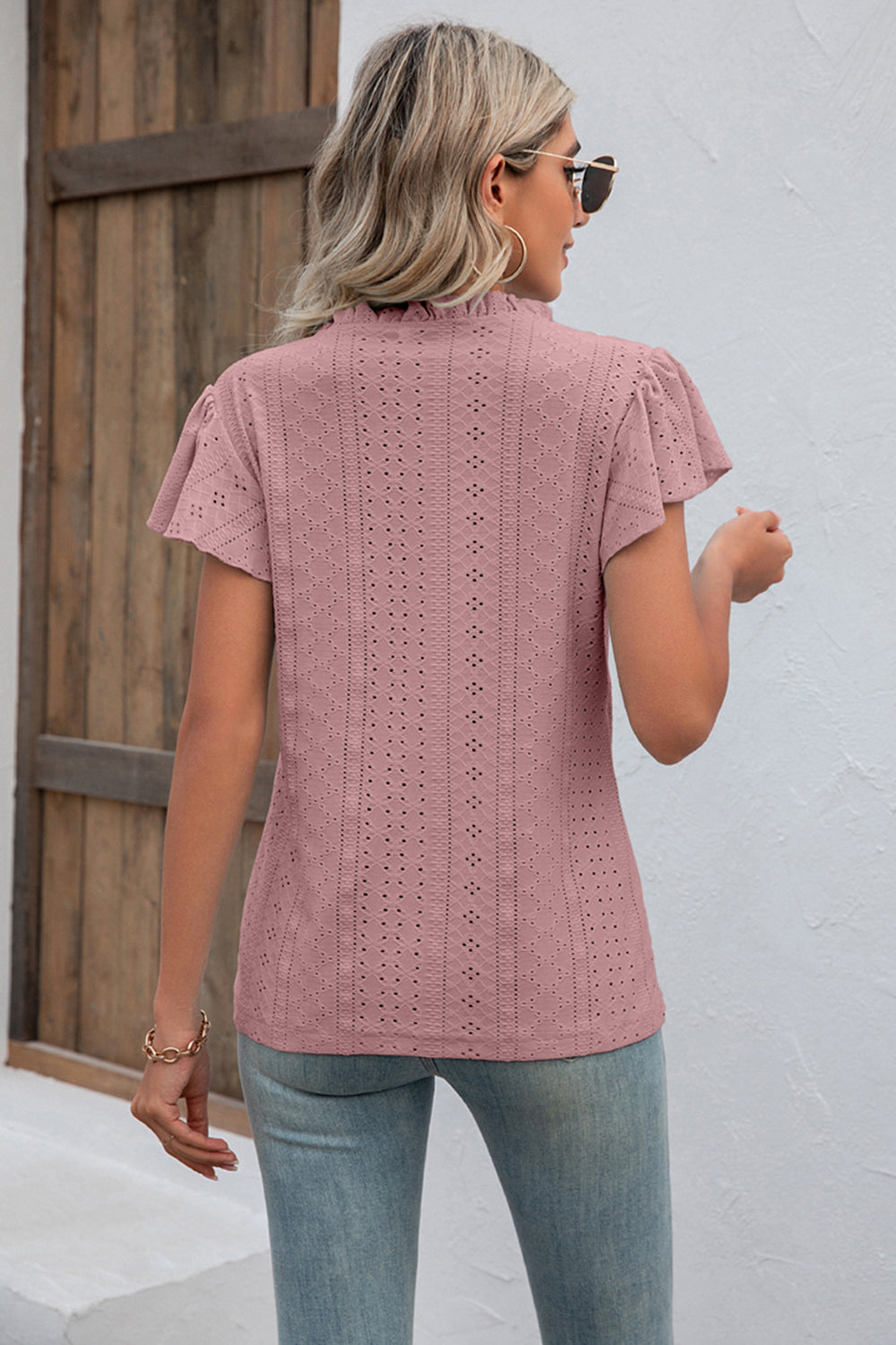 Eyelet Notched Neck Flutter Sleeve Top - T-Shirts - Shirts & Tops - 17 - 2024