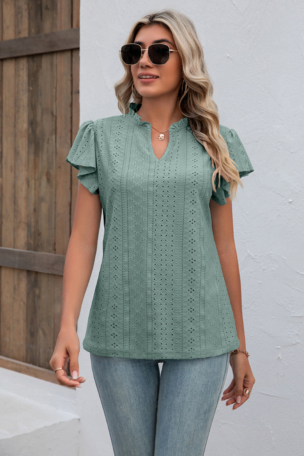 Eyelet Notched Neck Flutter Sleeve Top - T-Shirts - Shirts & Tops - 3 - 2024