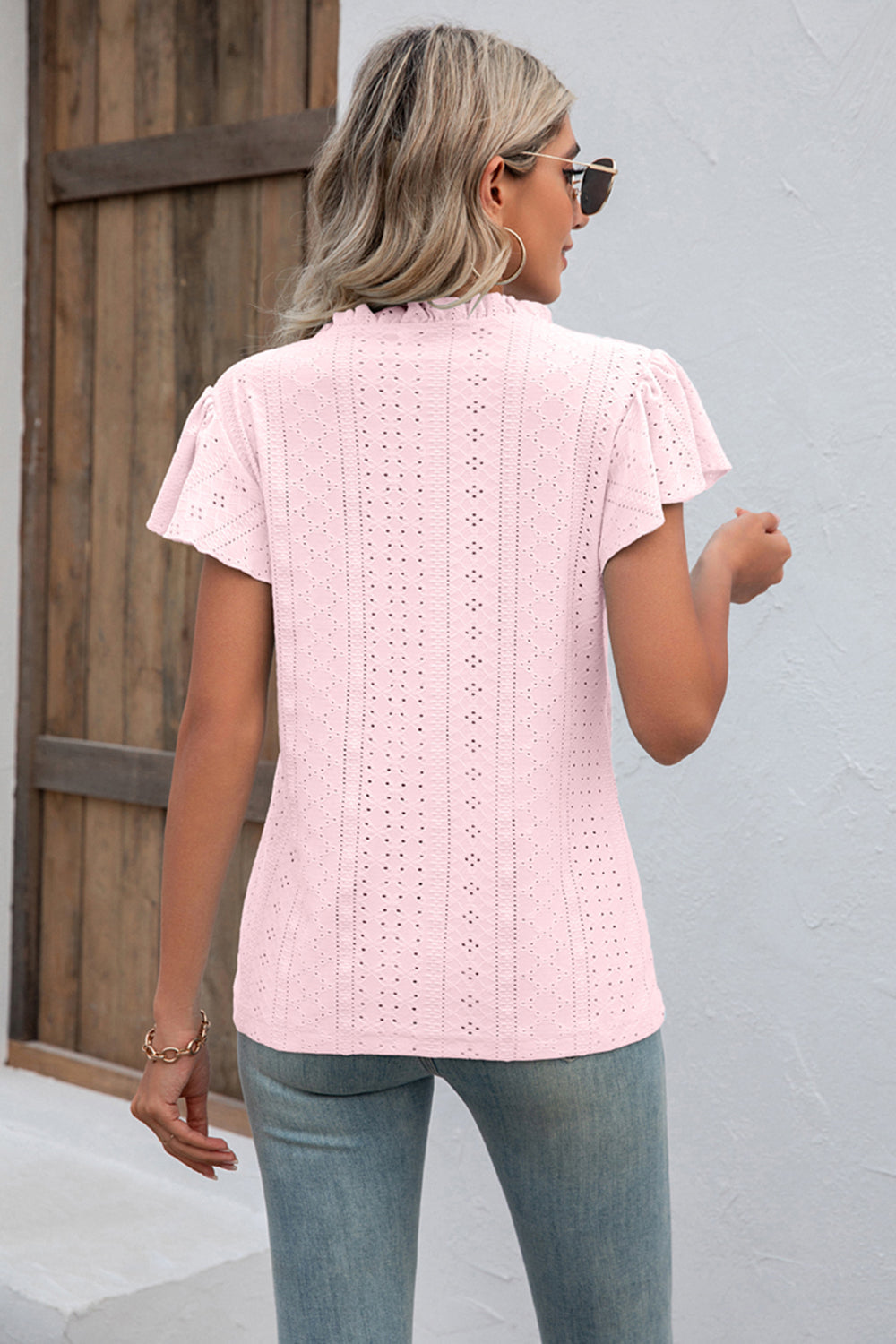Eyelet Notched Neck Flutter Sleeve Top - T-Shirts - Shirts & Tops - 10 - 2024