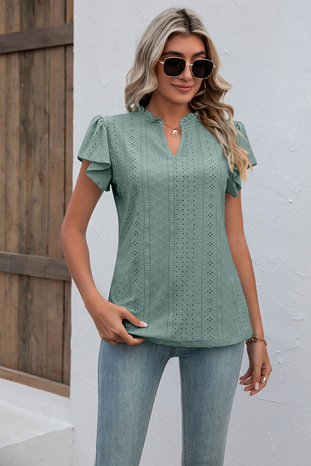 Eyelet Notched Neck Flutter Sleeve Top - Green / S - T-Shirts - Shirts & Tops - 1 - 2024