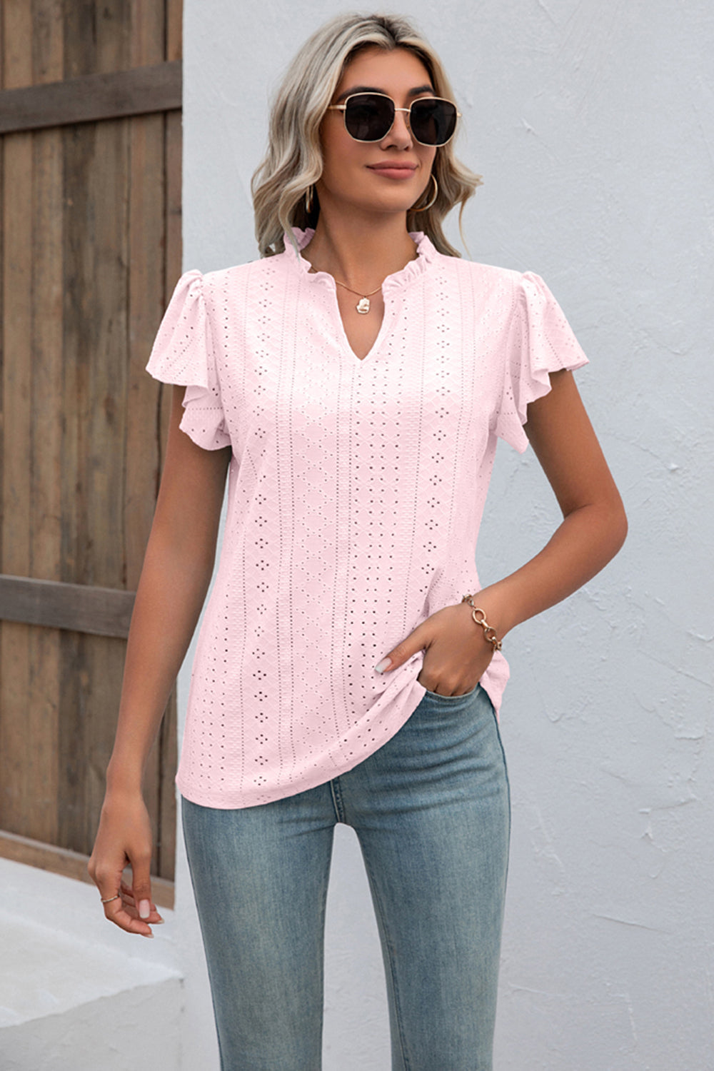 Eyelet Notched Neck Flutter Sleeve Top - T-Shirts - Shirts & Tops - 9 - 2024