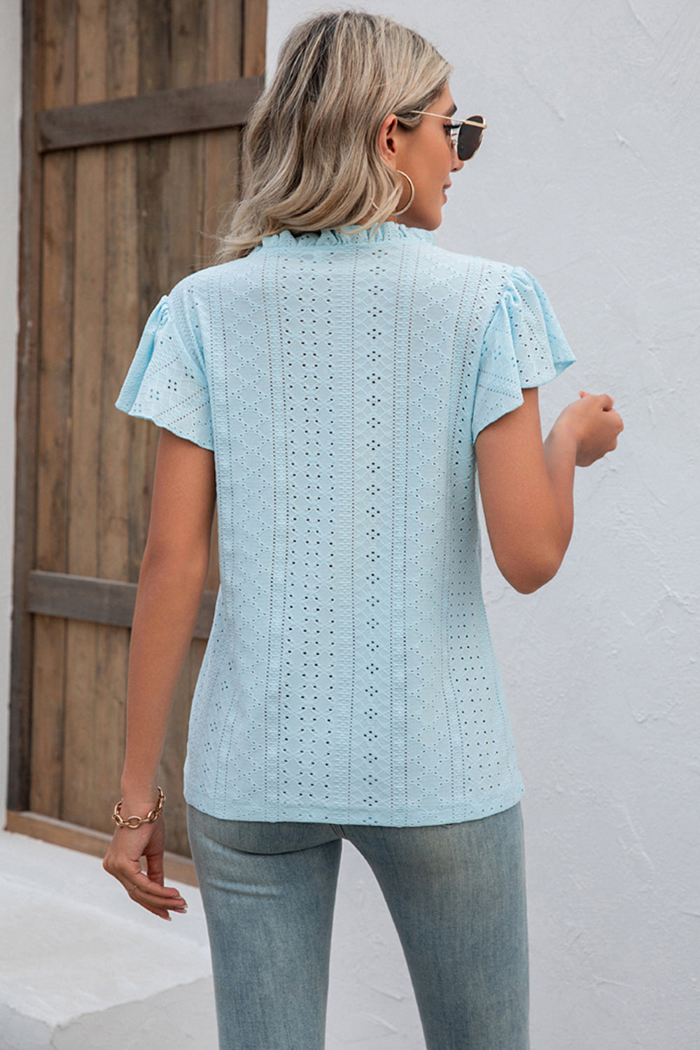Eyelet Notched Neck Flutter Sleeve Top - T-Shirts - Shirts & Tops - 20 - 2024