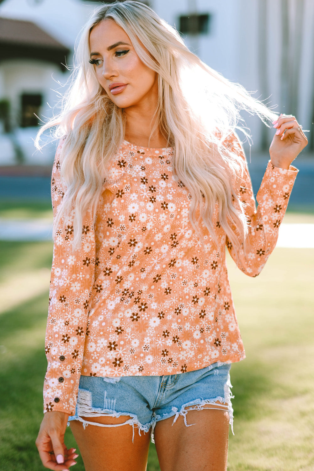 Floral Print Round Neck Long Sleeve Tee - T-Shirts - Shirts & Tops - 5 - 2024
