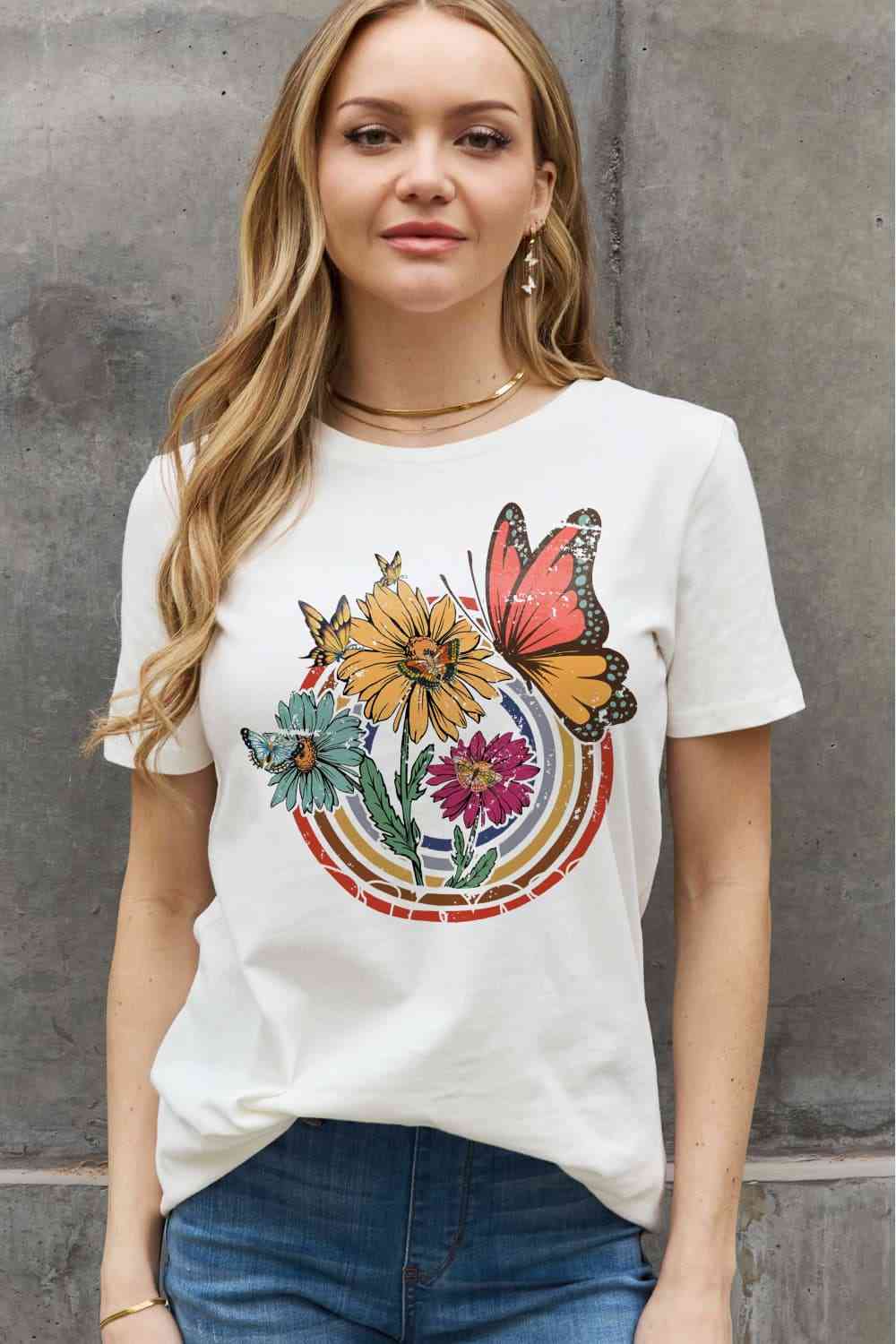 Flower & Butterfly Graphic Cotton Tee - T-Shirts - Shirts & Tops - 4 - 2024
