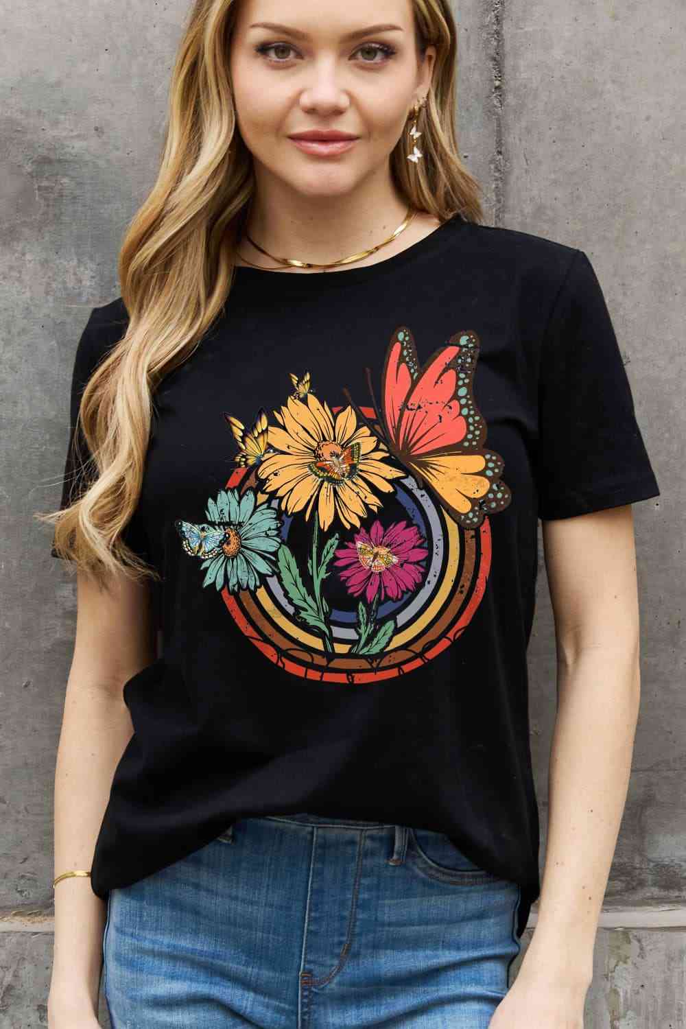 Flower & Butterfly Graphic Cotton Tee - T-Shirts - Shirts & Tops - 10 - 2024