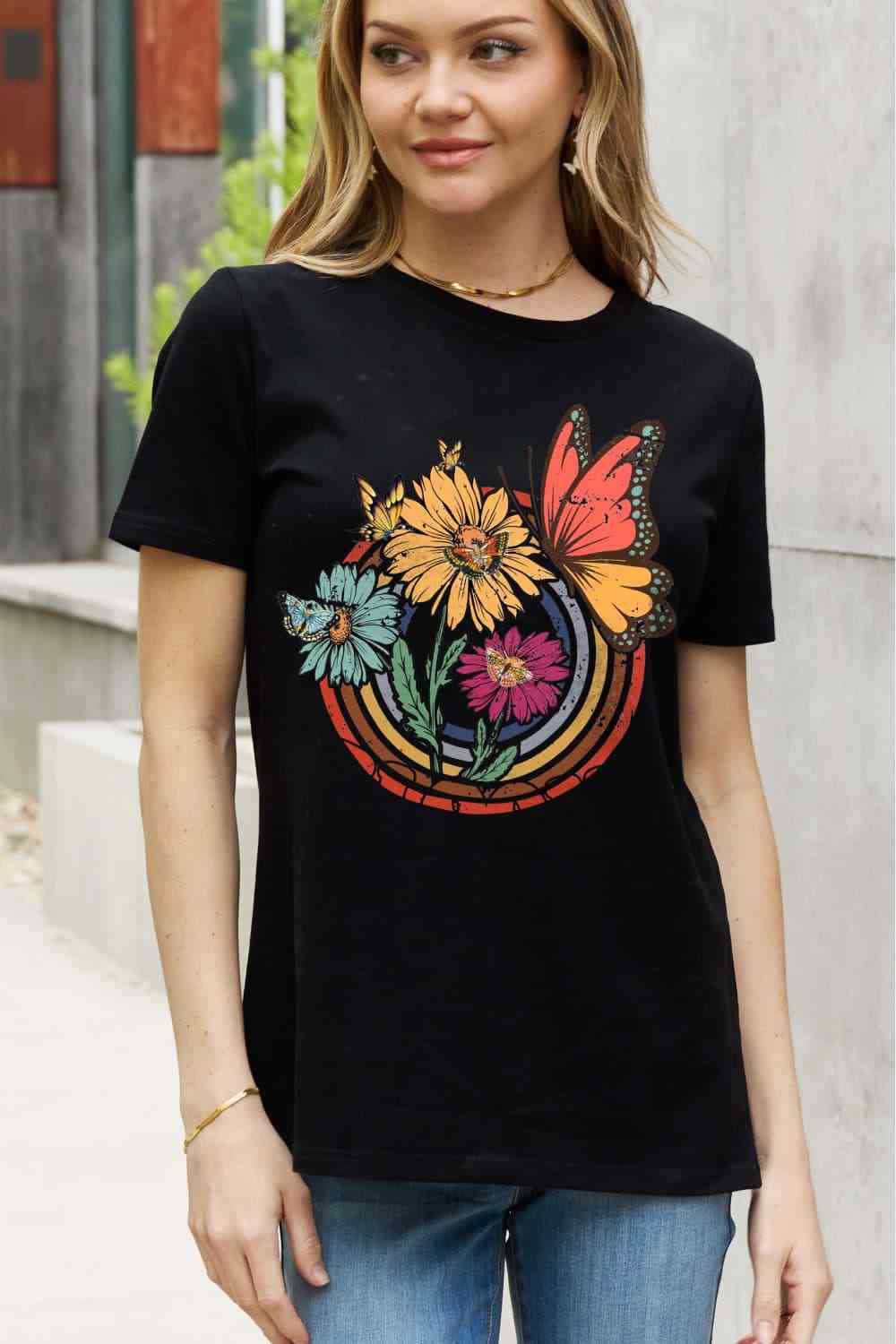 Flower & Butterfly Graphic Cotton Tee - T-Shirts - Shirts & Tops - 11 - 2024