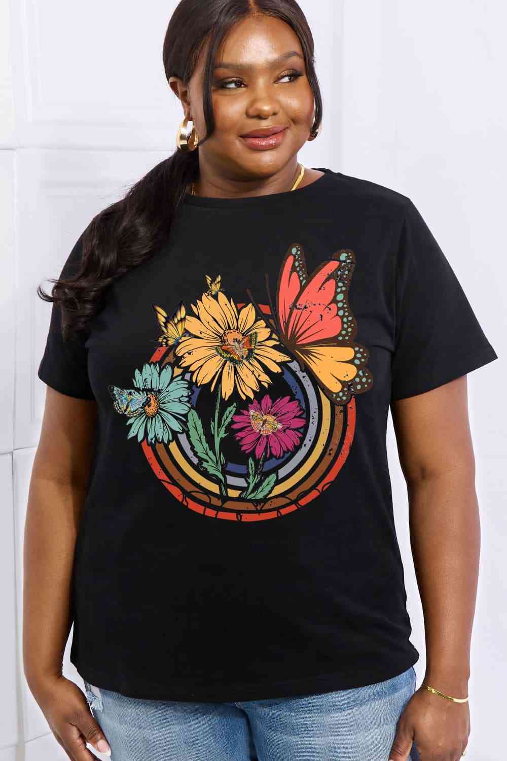 Flower & Butterfly Graphic Cotton Tee - T-Shirts - Shirts & Tops - 8 - 2024