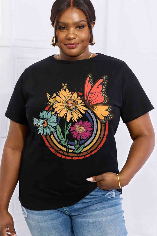 Flower & Butterfly Graphic Cotton Tee - Black / S - T-Shirts - Shirts & Tops - 7 - 2024