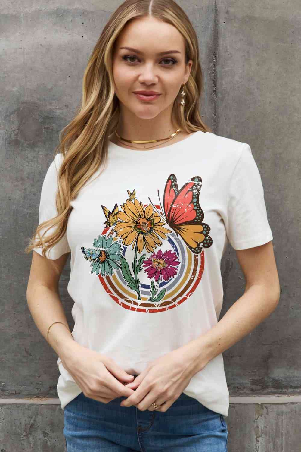 Flower & Butterfly Graphic Cotton Tee - T-Shirts - Shirts & Tops - 5 - 2024
