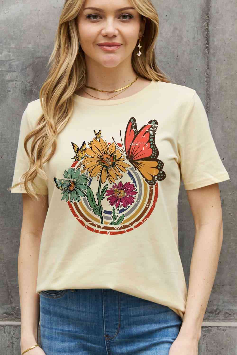 Flower & Butterfly Graphic Cotton Tee - T-Shirts - Shirts & Tops - 16 - 2024