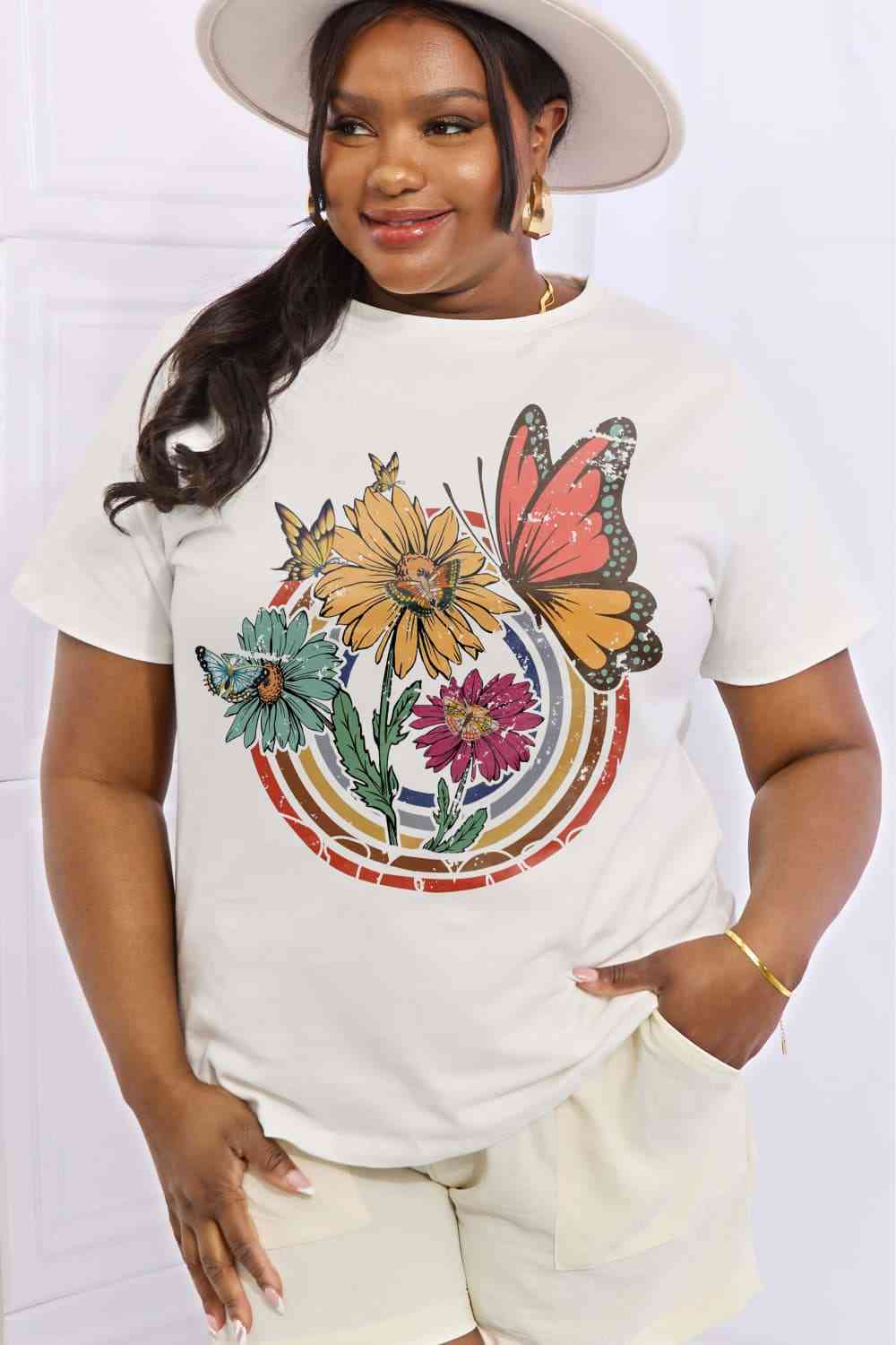 Flower & Butterfly Graphic Cotton Tee - T-Shirts - Shirts & Tops - 1 - 2024
