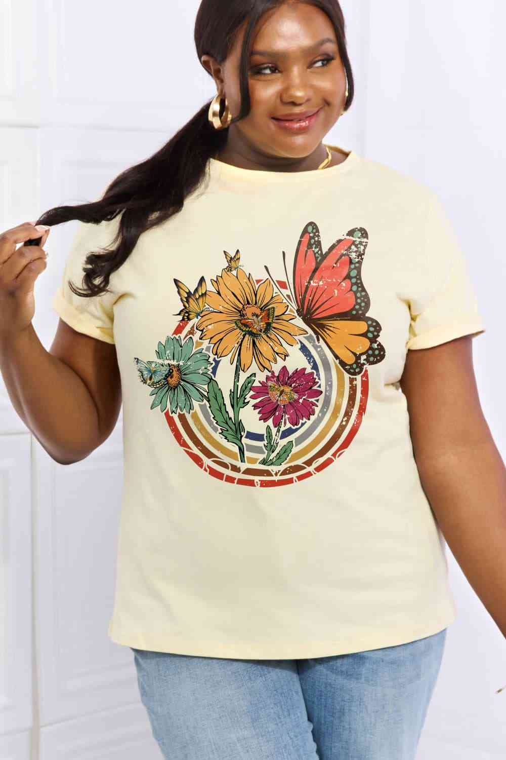 Flower & Butterfly Graphic Cotton Tee - Beige / S - T-Shirts - Shirts & Tops - 13 - 2024