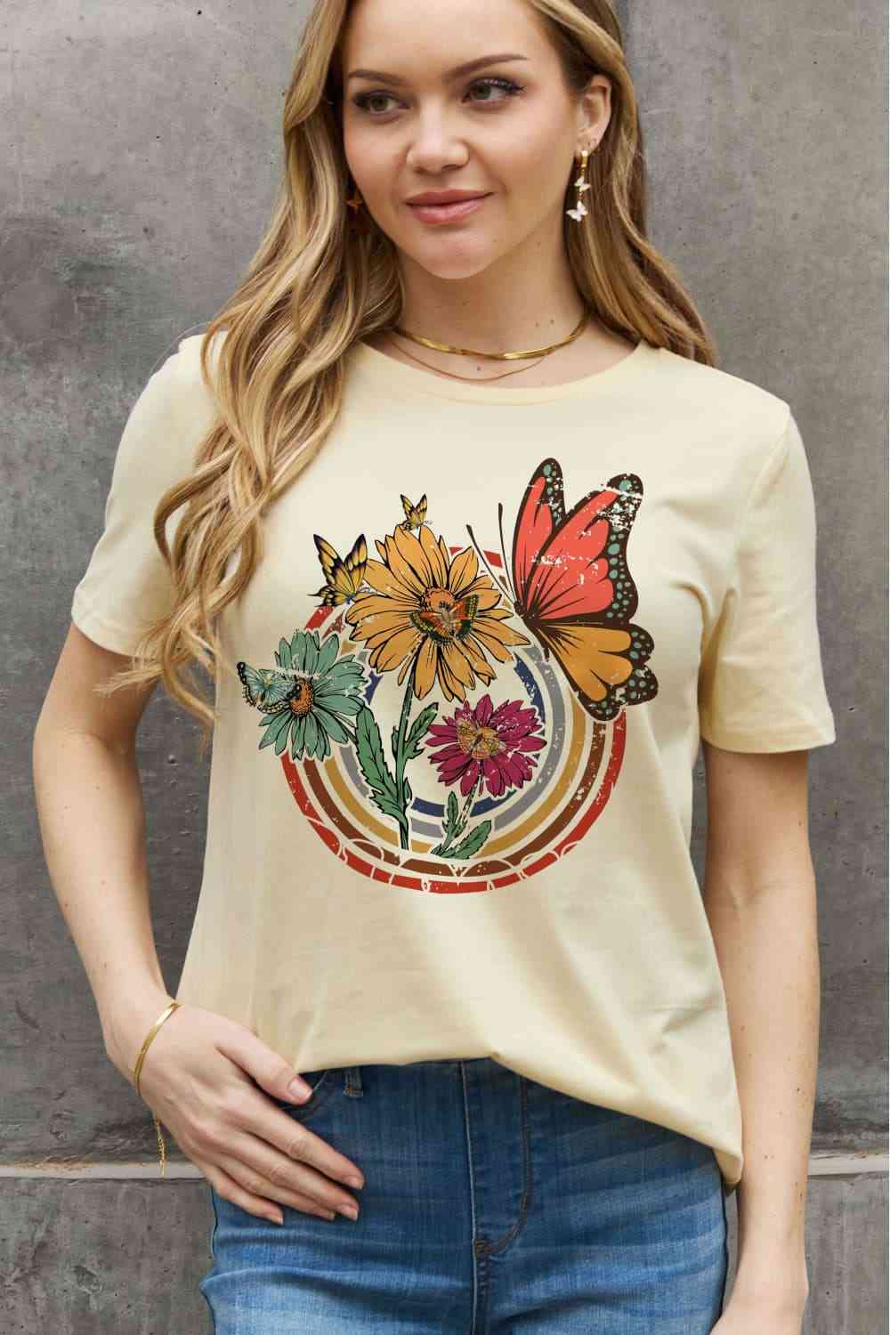 Flower & Butterfly Graphic Cotton Tee - T-Shirts - Shirts & Tops - 17 - 2024