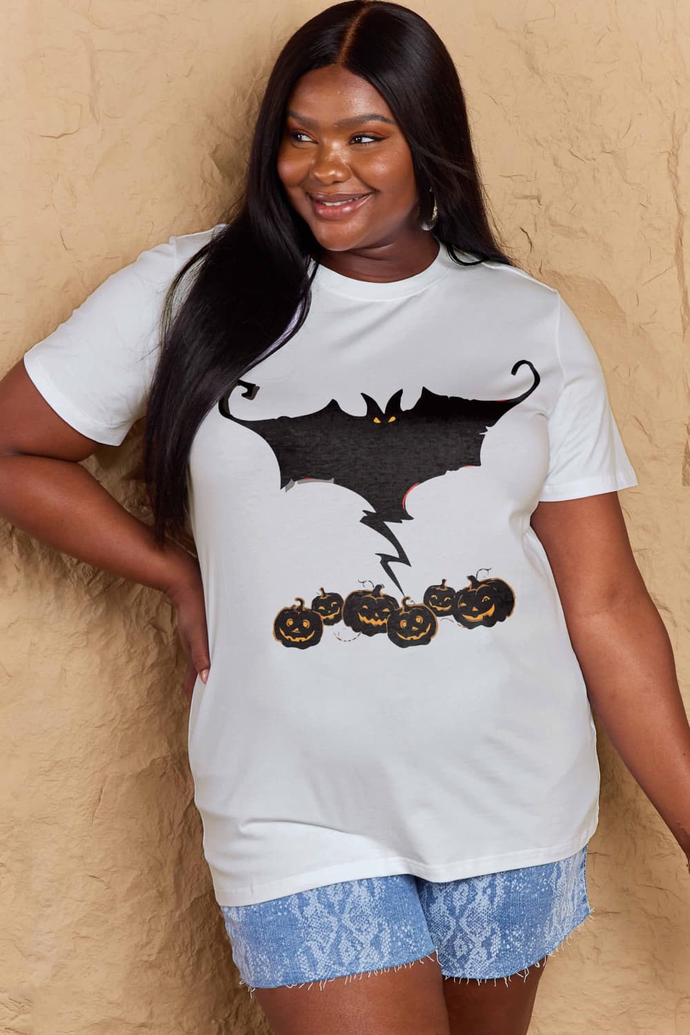 Full Size Bat & Pumpkin Graphic Cotton T-Shirt - T-Shirts - Shirts & Tops - 5 - 2024
