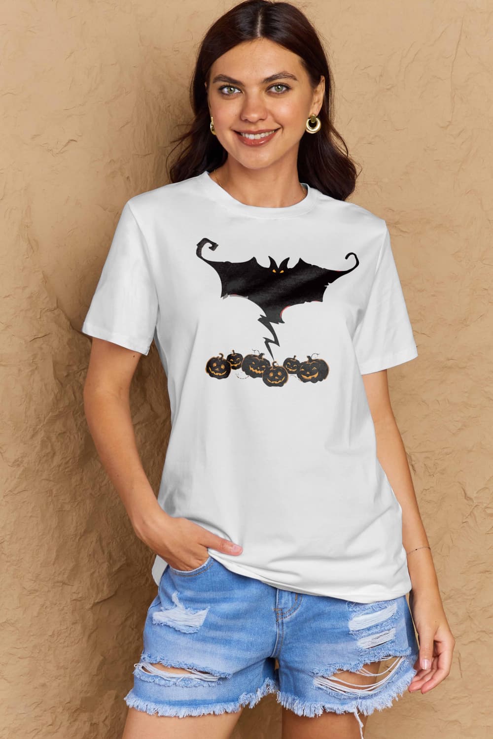 Full Size Bat & Pumpkin Graphic Cotton T-Shirt - T-Shirts - Shirts & Tops - 3 - 2024