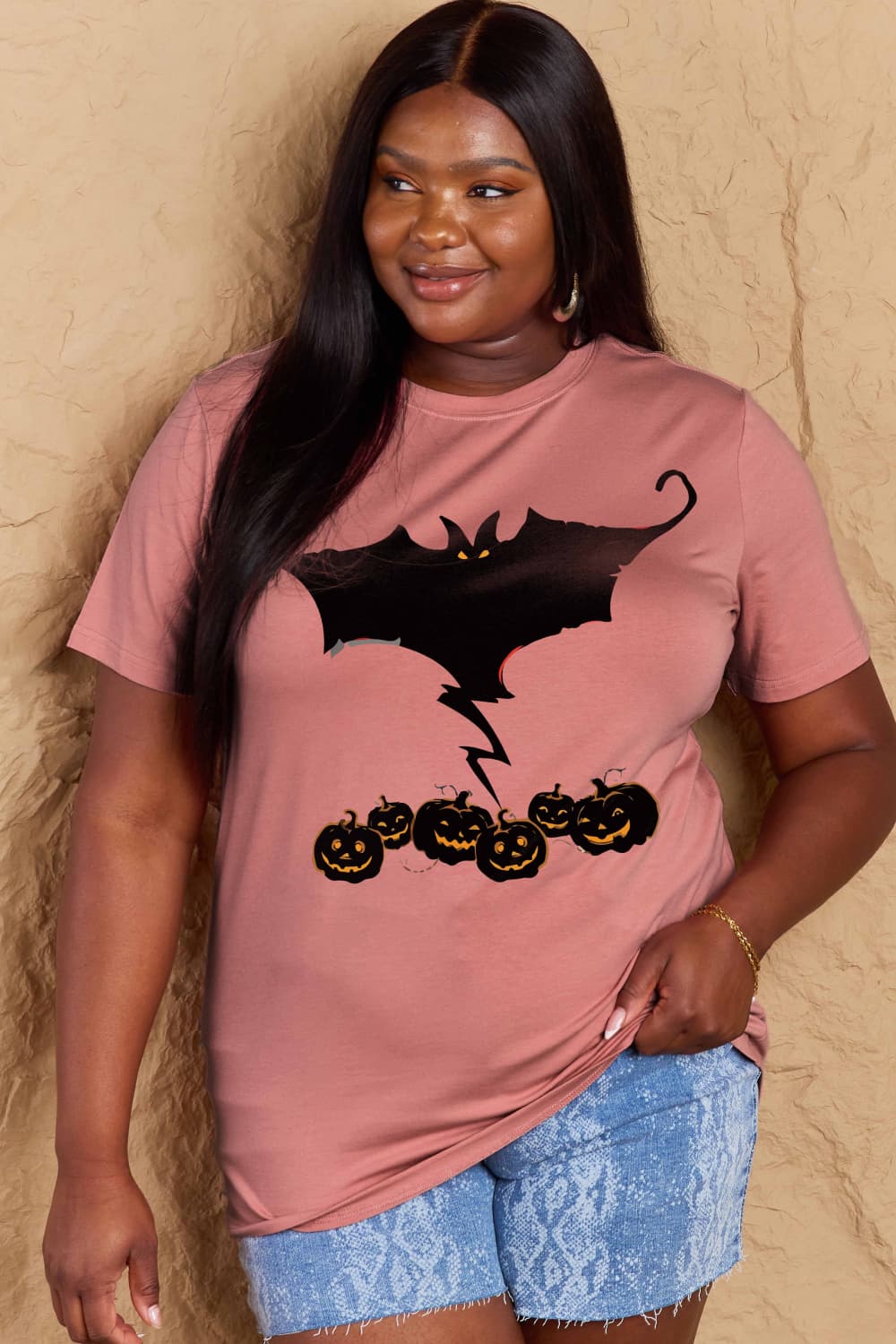 Full Size Bat & Pumpkin Graphic Cotton T-Shirt - T-Shirts - Shirts & Tops - 10 - 2024