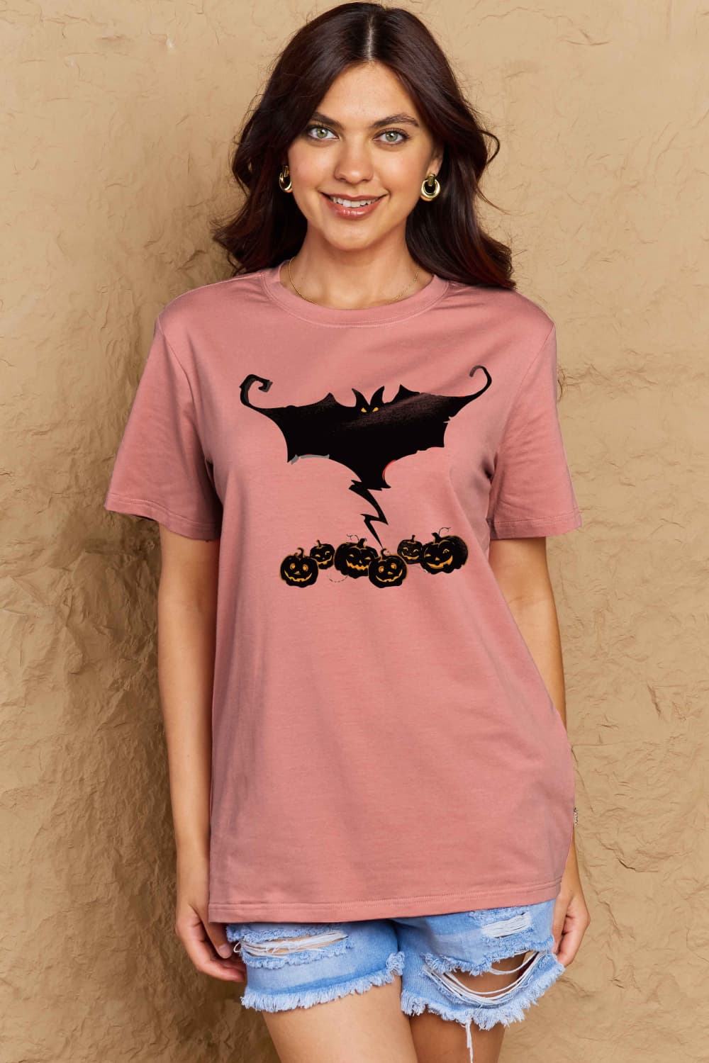 Full Size Bat & Pumpkin Graphic Cotton T-Shirt - T-Shirts - Shirts & Tops - 8 - 2024