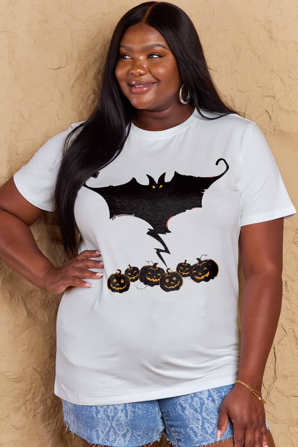 Full Size Bat & Pumpkin Graphic Cotton T-Shirt - T-Shirts - Shirts & Tops - 4 - 2024