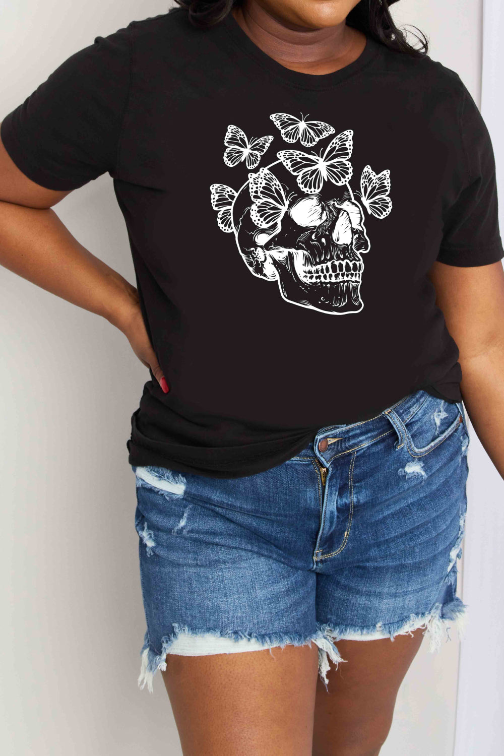Full Size Butterfly Skull Graphic Cotton Tee - T-Shirts - Shirts & Tops - 6 - 2024