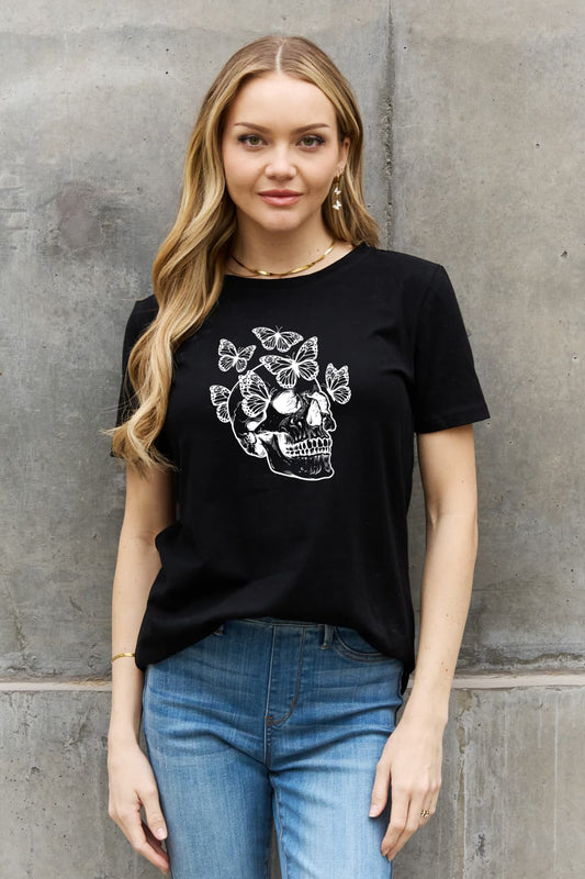 Full Size Butterfly Skull Graphic Cotton Tee - Black / S - T-Shirts - Shirts & Tops - 8 - 2024