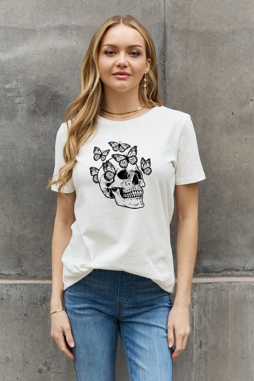 Full Size Butterfly Skull Graphic Cotton Tee - T-Shirts - Shirts & Tops - 4 - 2024