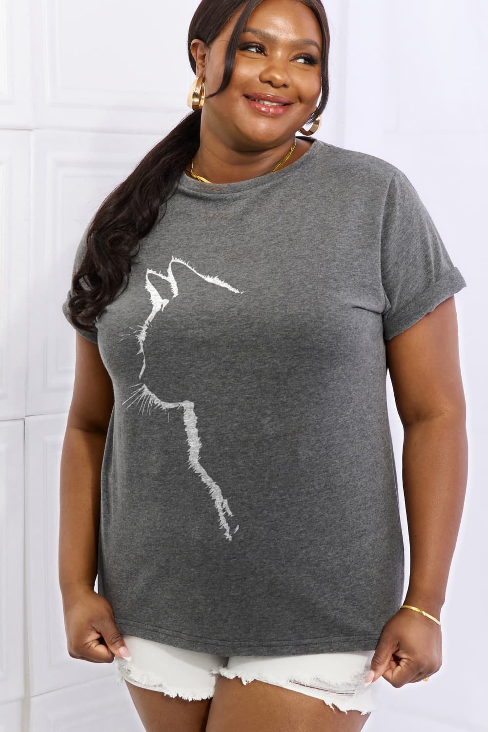 Full Size Cat Graphic Cotton Tee - T-Shirts - Shirts & Tops - 11 - 2024