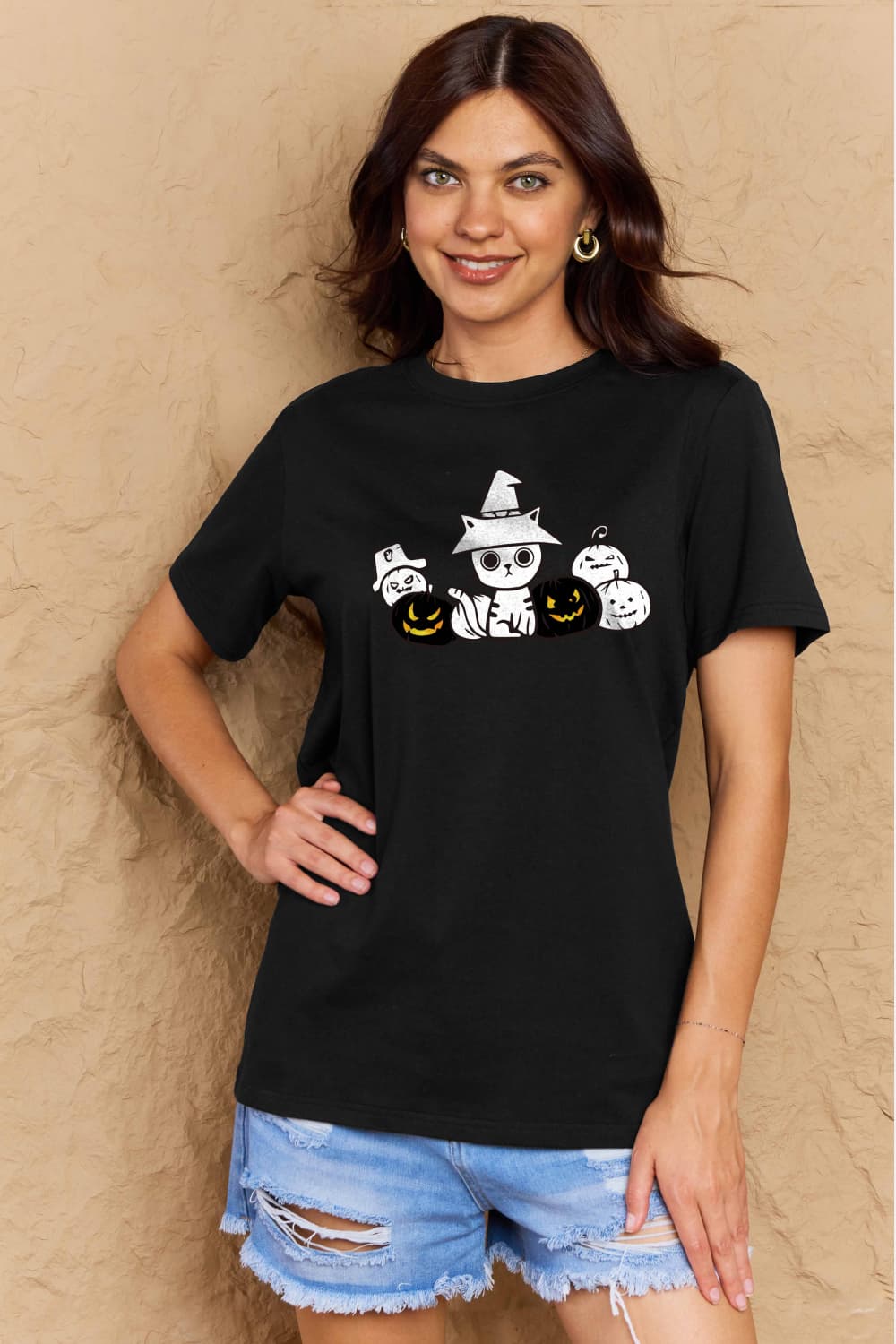Full Size Cat & Pumpkin Graphic Cotton T-Shirt - T-Shirts - Shirts & Tops - 8 - 2024