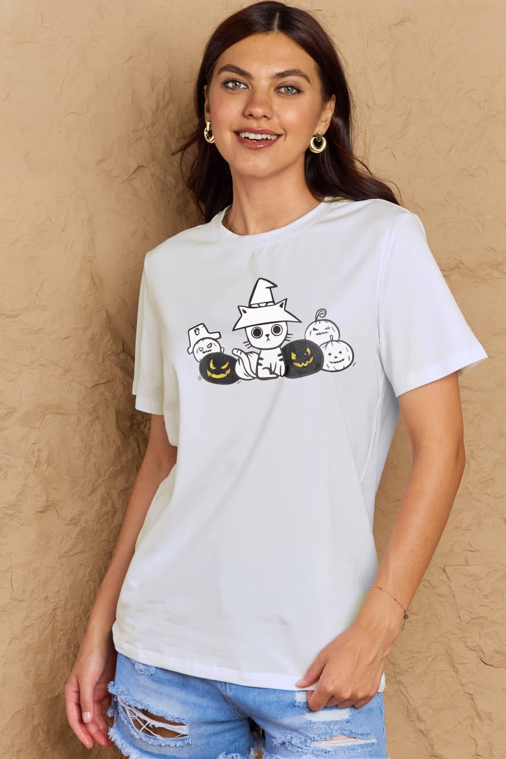 Full Size Cat & Pumpkin Graphic Cotton T-Shirt - T-Shirts - Shirts & Tops - 14 - 2024