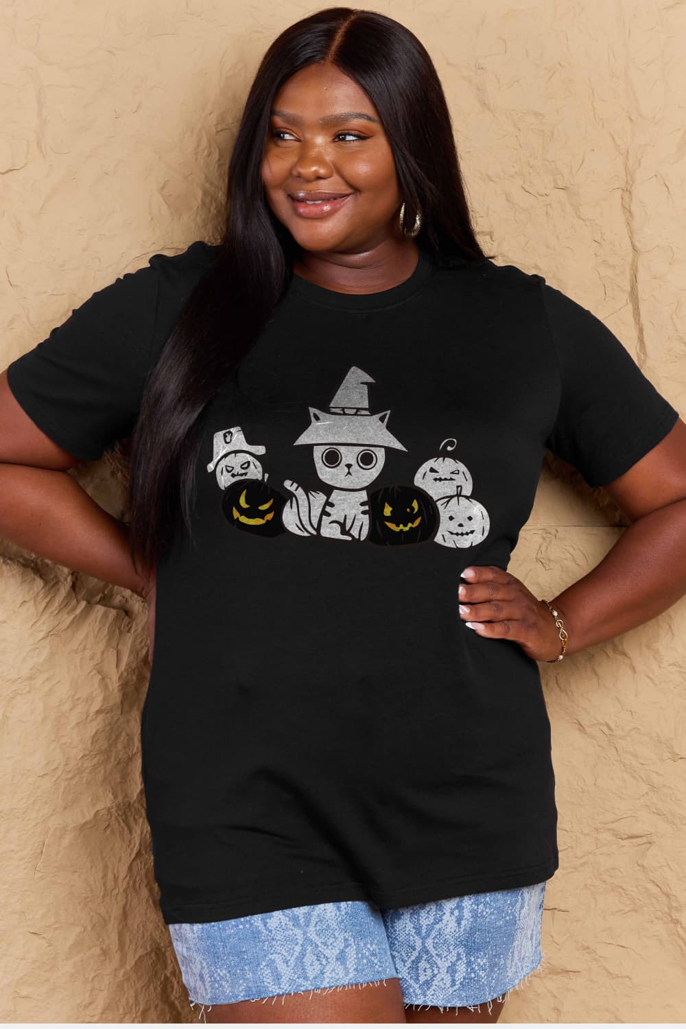 Full Size Cat & Pumpkin Graphic Cotton T-Shirt - T-Shirts - Shirts & Tops - 11 - 2024