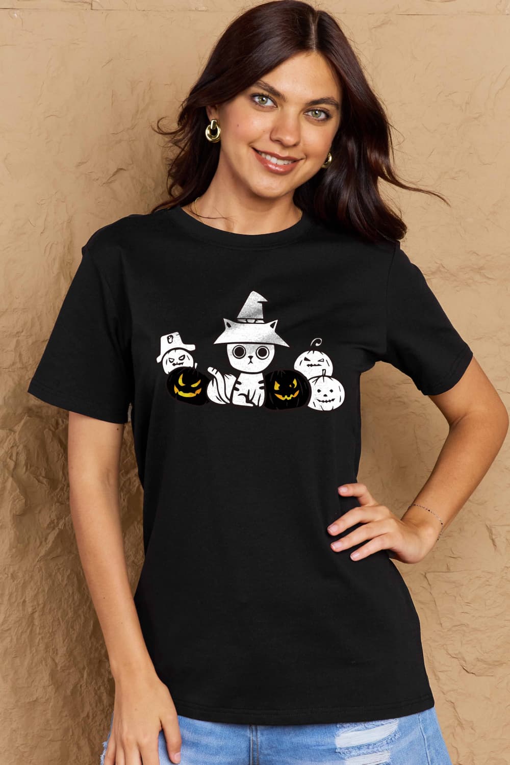 Full Size Cat & Pumpkin Graphic Cotton T-Shirt - Black / S - T-Shirts - Shirts & Tops - 7 - 2024