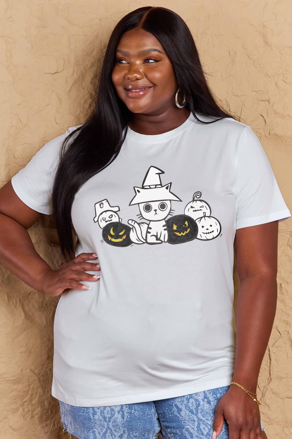 Full Size Cat & Pumpkin Graphic Cotton T-Shirt - T-Shirts - Shirts & Tops - 17 - 2024