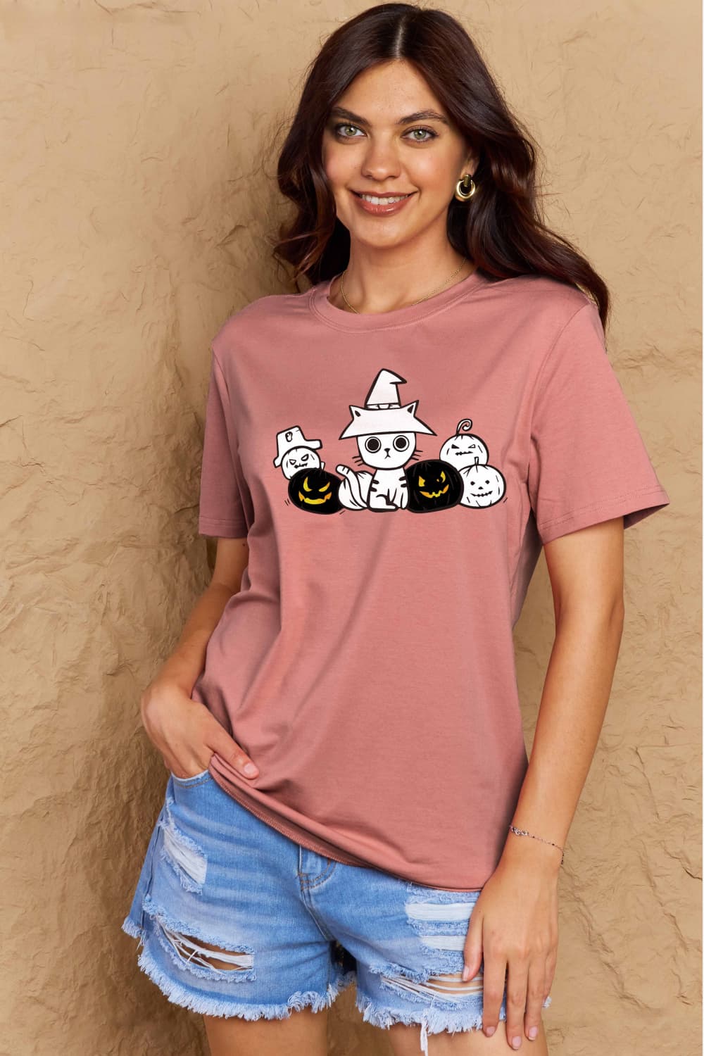 Full Size Cat & Pumpkin Graphic Cotton T-Shirt - Pink / S - T-Shirts - Shirts & Tops - 1 - 2024